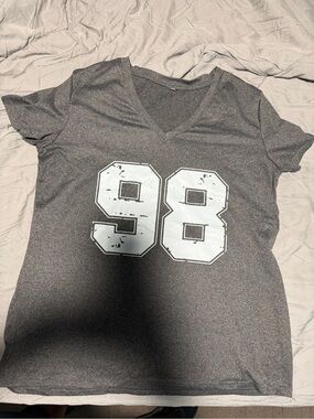 V-Neck Short Sleeve Tee with '98' Graphic - Gray